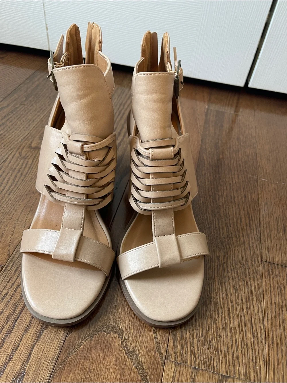 Maurices Beige Strappy Leather Heeled Sandals